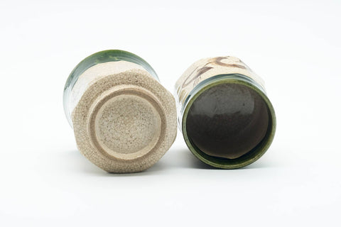 Japanese Teacup - Pair of Beige Green Drip-Glazed Oribe-yaki Meoto Yunomi
