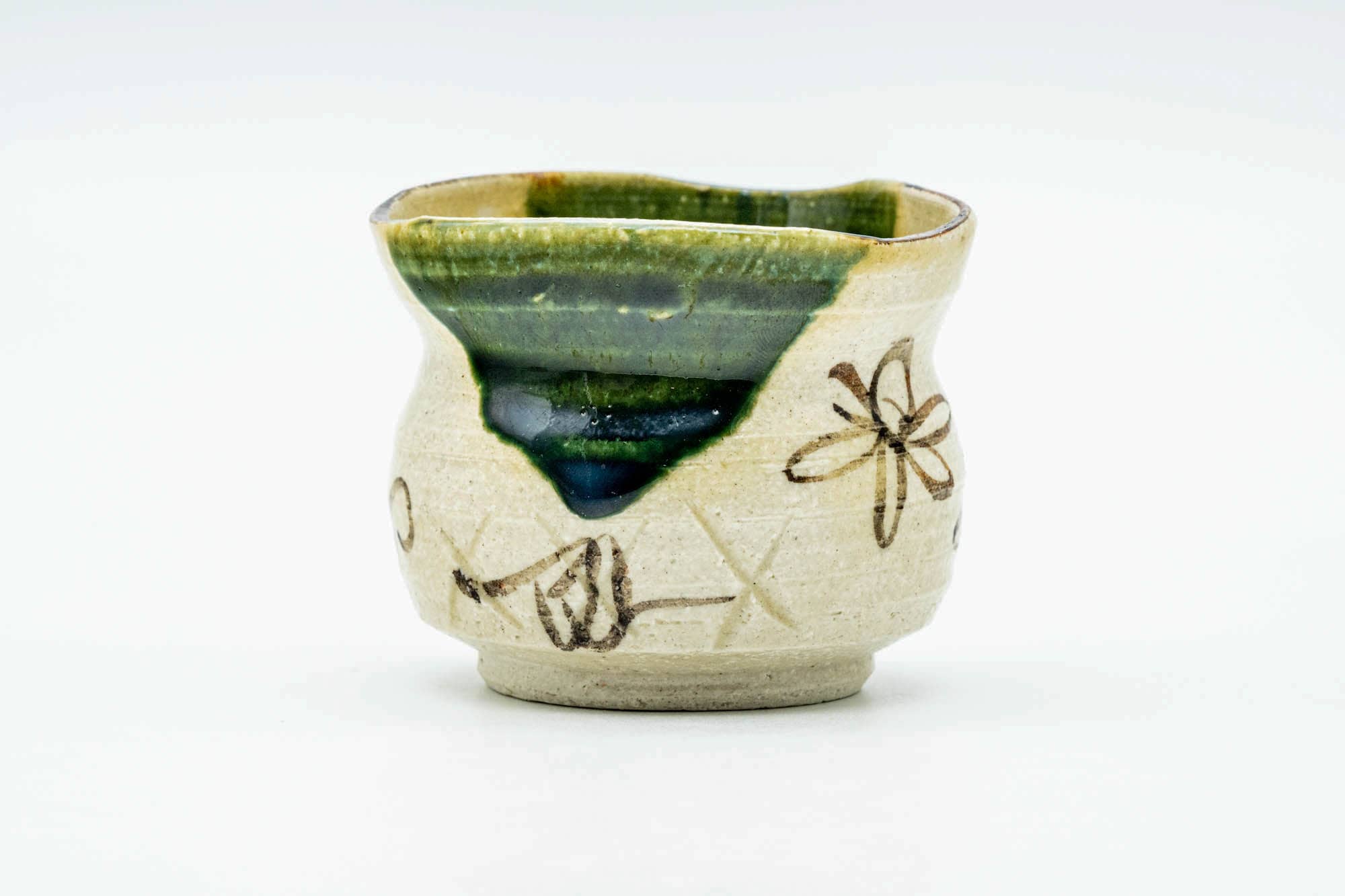 Japanese Teacup - Floral Beige Green Drip-Glazed Oribe-yaki Yunomi - 110ml