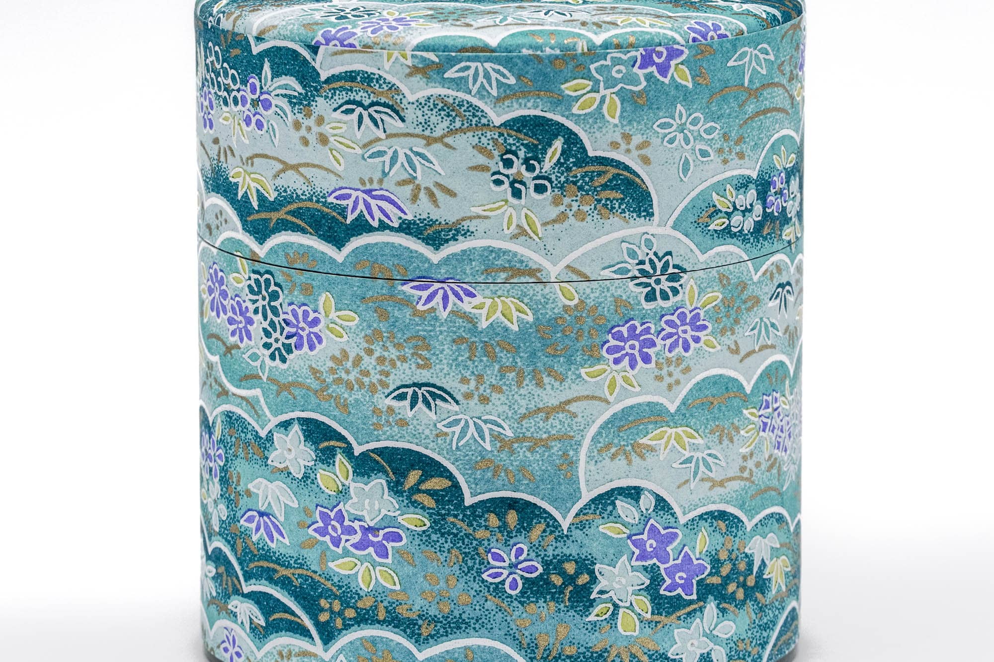 Japanese Chazutsu - 江東堂 Kotodo - Blue Floral Washi Wrapped Metal Tea Canister - 150g