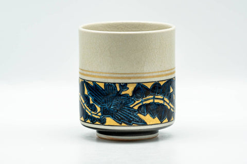Japanese Teacup - Blue Floral Gold Geometric Kutani-yaki Yunomi - 200ml