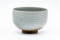 Japanese Matcha Bowl - Grey Mottled Karatsu-yaki Hantsutsu-gata Chawan - 475ml - front view showing the mottled glaze and rim
