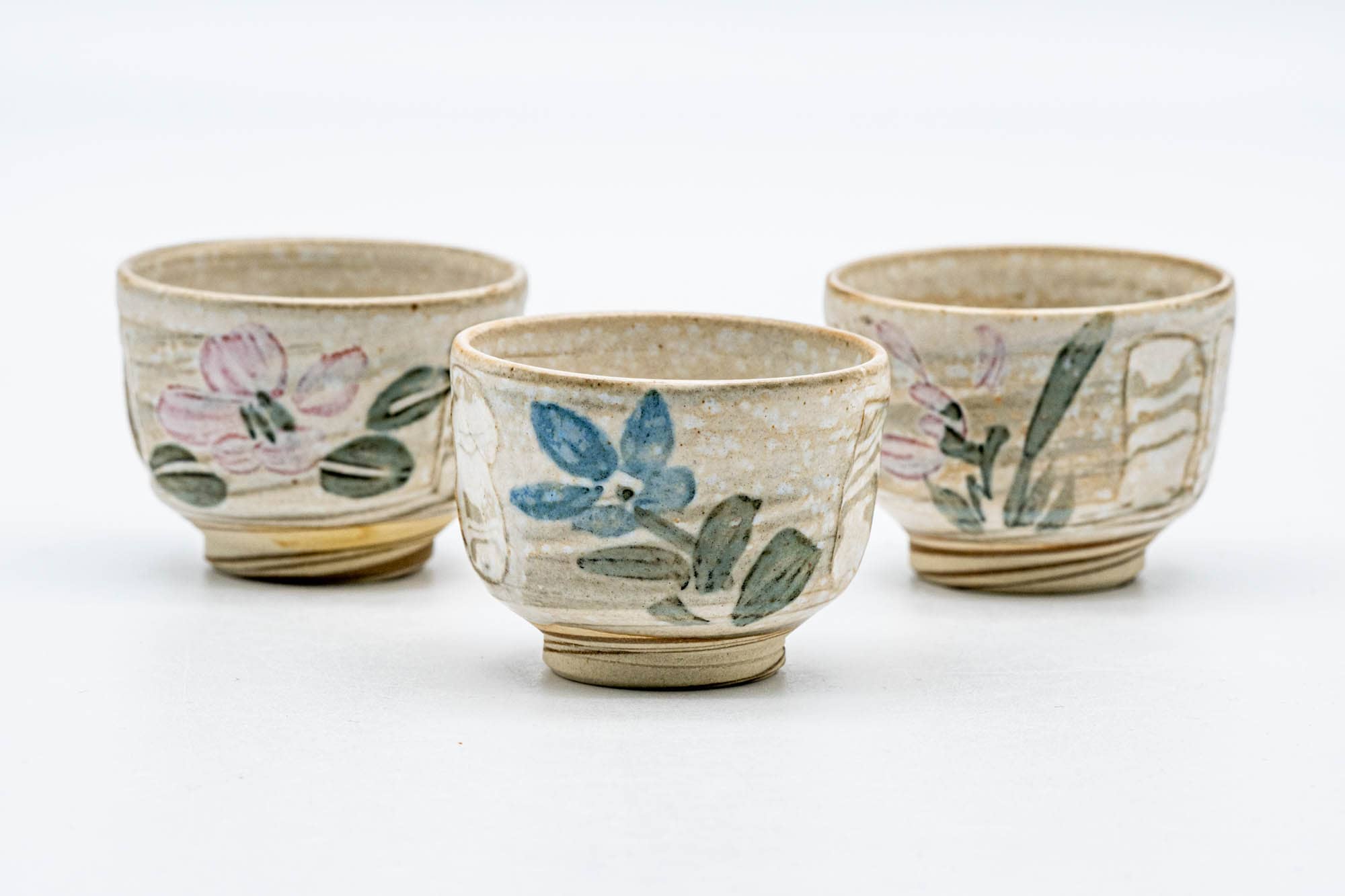 Japanese Teacups - Set of 3 Floral Marbled Guinomi - 35ml