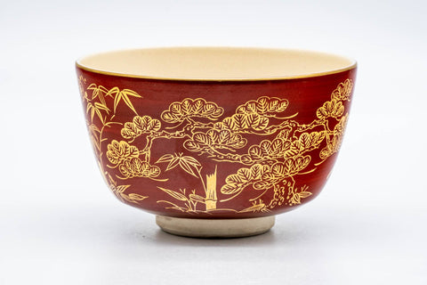 Tezumi — Japanese Matcha Bowl - Bamboo Floral Gold Red Kyo-yaki Chawan - 250ml — top-down view of the interior