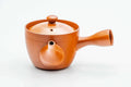 Three-quarter view of the small red kyusu with the lid on.