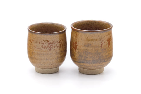 Japanese Teacups - Pair of Yellow Red Glazed Meoto Yunomi