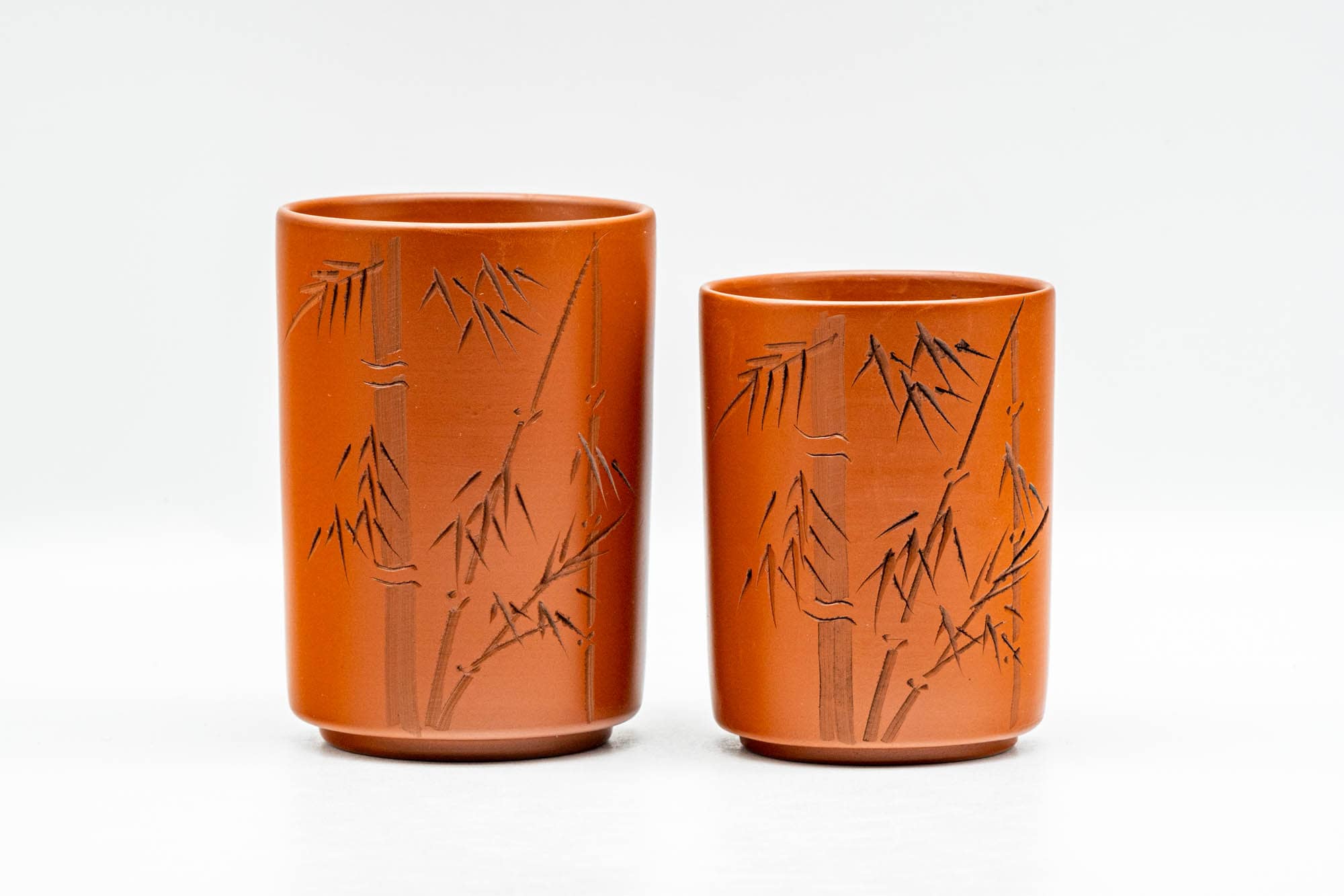 Japanese Teacups - Pair of Bamboo Engraved Tokoname-yaki Meoto Yunomi - 140ml