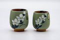 Tezumi — Japanese Teacups - Pair of Floral Green Celadon Floral Meoto Yunomi — front view