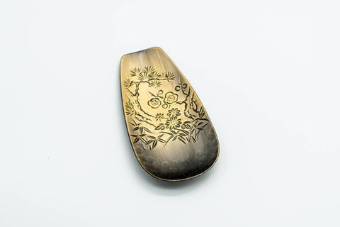 Japanese Chataku - Set of 5 Hammered Brass Uniquely Engraved Tea Saucers with Chasaji Tea Scoop in Wooden Box