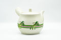 Japanese Kyusu - Beige Green Striped Snow Peas Kutani-yaki Debeso Teapot - 400ml - side profile of the body