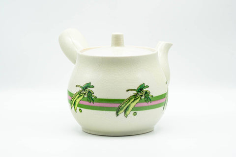 Japanese Kyusu - Beige Green Striped Snow Peas Kutani-yaki Debeso Teapot - 400ml - side profile of the body