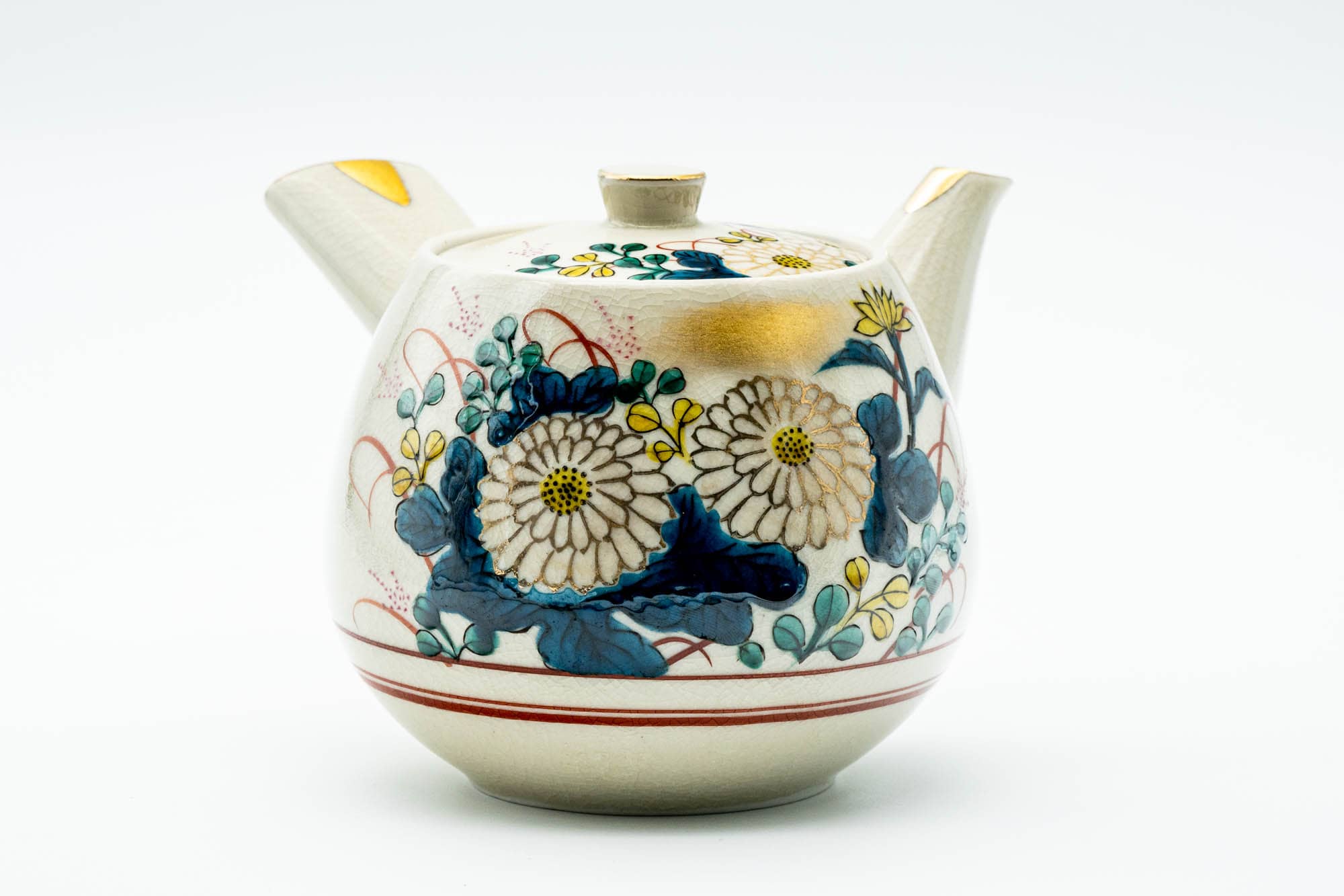 Japanese Tea Set - Beige Blue Floral Kutani-yaki Kyusu Teapot with 5 Yunomi Teacups