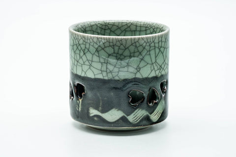 Japanese Teacup - Double-Walled Green Celadon Sakura Obori Soma-yaki Yunomi - 230ml