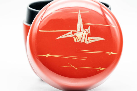 Japanese Natsume - Gold Crane Red Black Lacquered Tea Caddy - 85ml