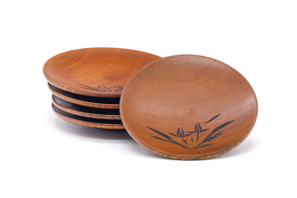 Japanese Chataku - Set of 5 Long Grass Engraved Wooden Plates