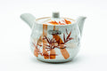 Japanese Kyusu - Red Bamboo Motif Kutani-yaki Porcelain Teapot - 370ml - three-quarter view of the white porcelain body with red bamboo painting, lid on and side handle to the right