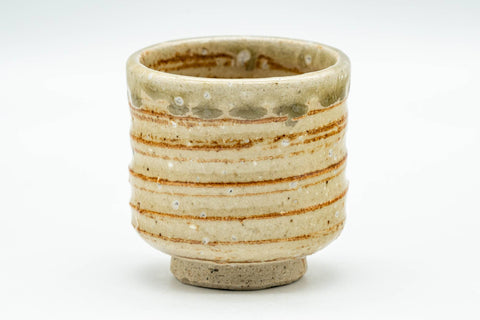 Japanese Tea Set - Set of 5 Uniquely Glazed Shigaraki-yaki Guinomi - 50ml - single beige and green glazed teacup, front view