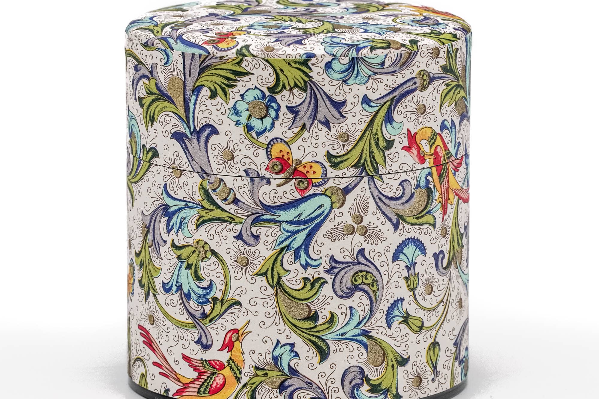 Japanese Chazutsu - 江東堂 Kotodo - Floral Butterfly Rooster Washi Wrapped Metal Tea Canister - 100g
