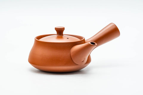 Side profile of the teapot with the hollow handle to the right and spout to the left.