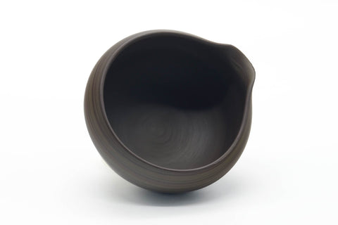 Tezumi — Japanese Katakuchi - Dark Green Nerikomi Handleless Yuzamashi - 205ml — tipped to show the interior