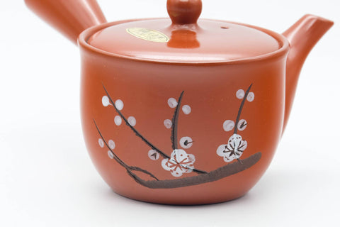Tezumi — Japanese Kyusu - Painted Plum Blossom Tokoname-yaki Mesh Filter Teapot - 200ml — closeup of the decoration