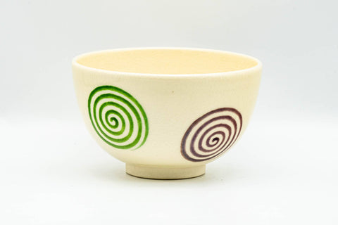 Japanese Matcha Bowl - Spiral Decorated Kyo-yaki Chawan - 200ml - front view showing the multicoloured spiral decoration