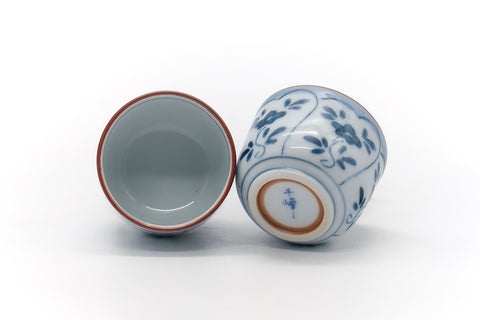 Tezumi — Japanese Teacups - Pair of Floral Arita-yaki Guinomi - 40ml — front view from another angle