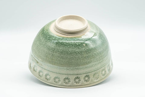Japanese Matcha Bowl - Chrysanthemums Crazed Celadon Glazed Wan-nari Chawan - 300ml