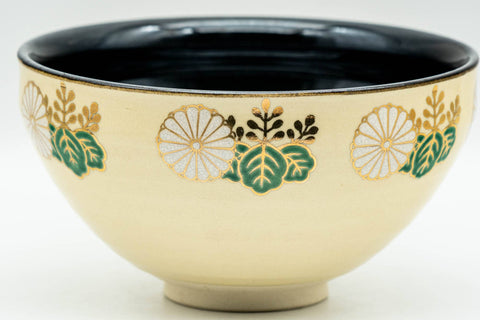 Japanese Matcha Bowl - 貴山 Kiyama - Gold Floral Black Inner-Glazed Kyo-yaki Chawan - 200ml