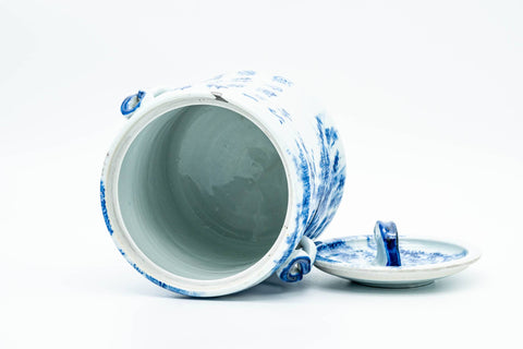 Japanese Mizusashi - Blue Kanji Mountainous Porcelain Fresh Water Container - 1100ml - lid removed showing the glazed interior, lid alongside