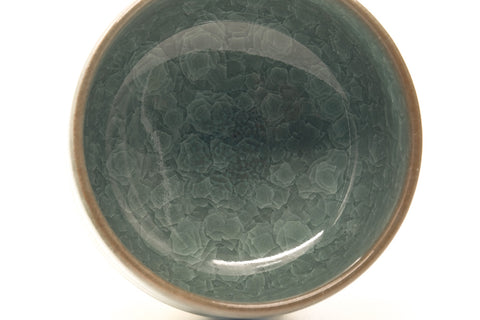 Tezumi — Japanese Matcha Bowl - Teal Snowflake Glazed Hantsutsu-gata Chawan - 410ml — tipped to show the interior