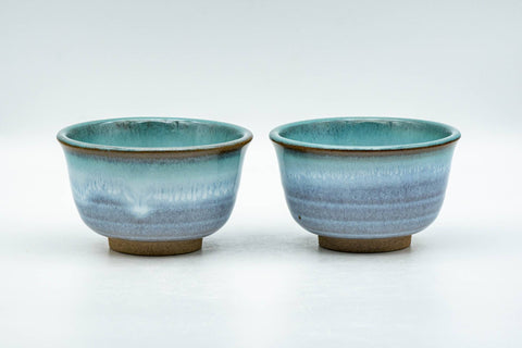 Japanese Teacups - Pair of Purple Turquoise Drip-Glazed Agano-yaki Yunomi - 100ml - Tezumi
