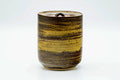 Brown and beige glazed stoneware mizusashi (tea-ceremony fresh water container), shown upright from the front with its domed ceramic lid in place over a cylindrical body banded with horizontal brushed glaze.