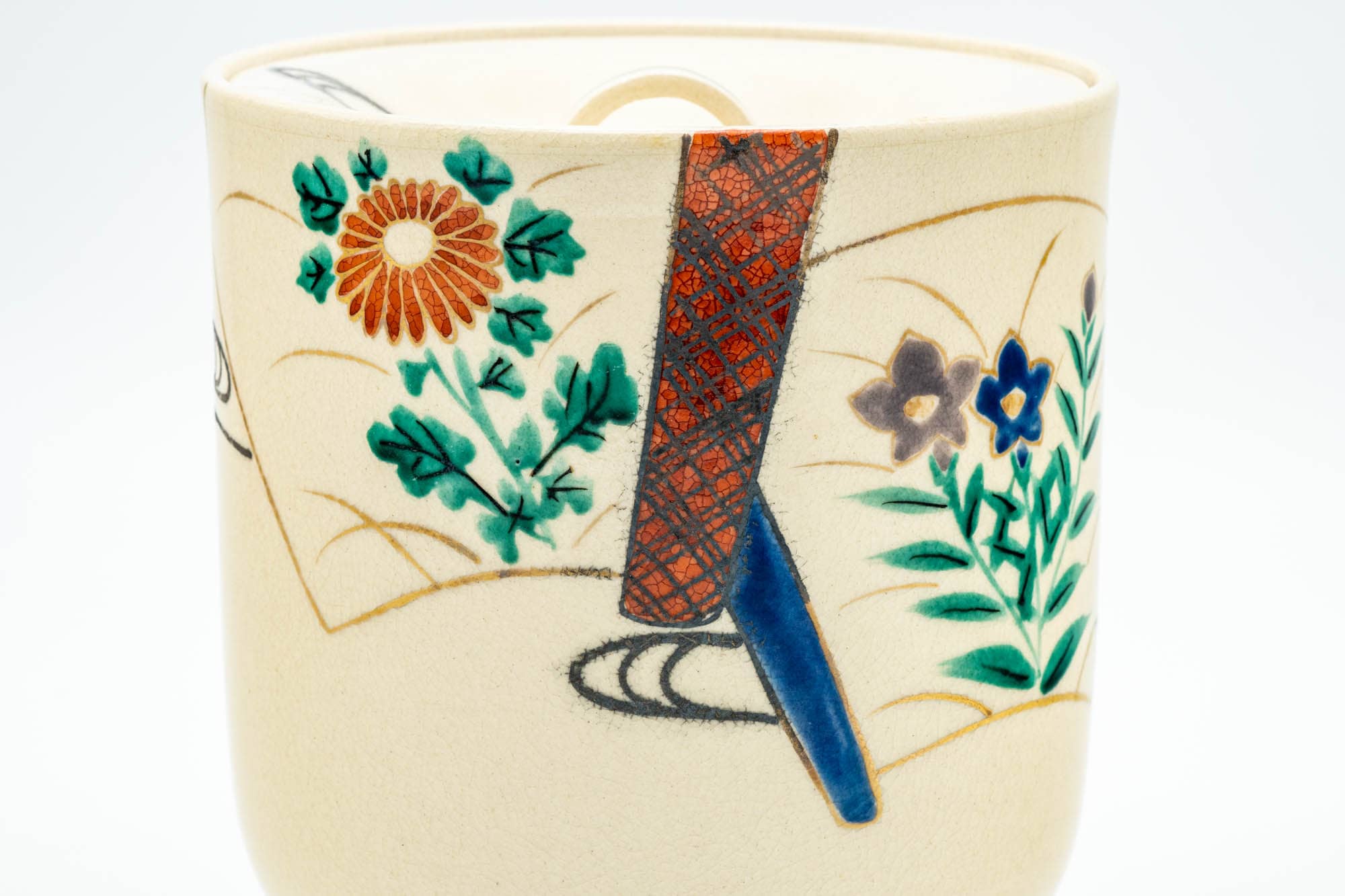 Japanese Mizusashi - Beige Floral Kyo-yaki Tea Ceremony Water Container - 1500ml