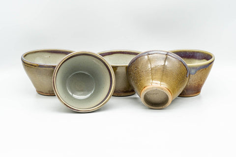 Japanese Tea Set - Green Purple Drip-Glazed Houhin Teapot with Katakuchi Water Cooler and 5 Yunomi Teacups - the katakuchi water cooler with teacups