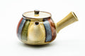 Japanese Kyusu - Beige Colourfully Striped Ceramic Filter Teapot - 400ml - three-quarter front view, lid on, spout to the left and hollow side handle to the right
