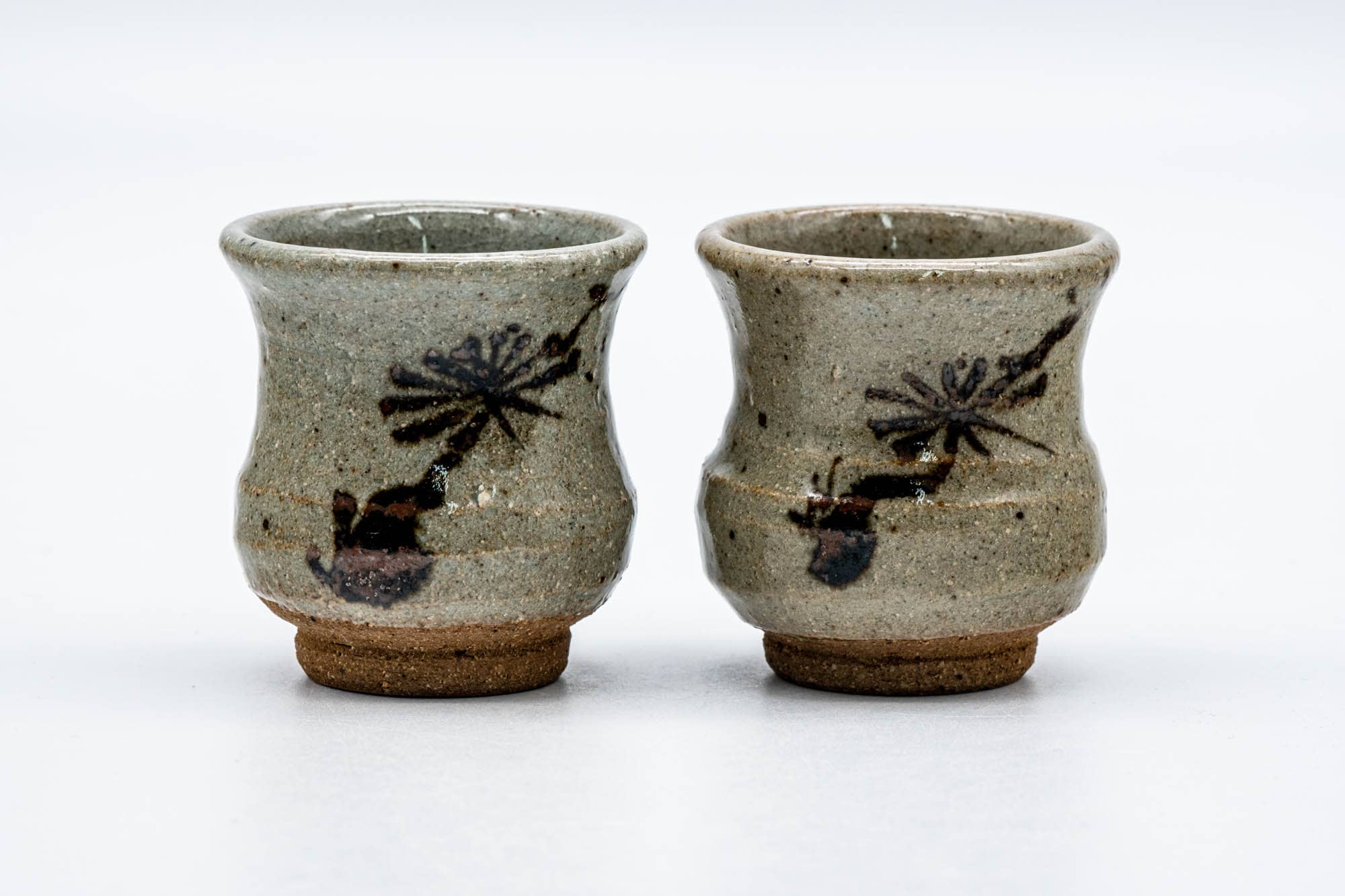 Japanese Teacup - Pair of Sage Glazed Floral Karatsu-yaki Guinomi - 50ml