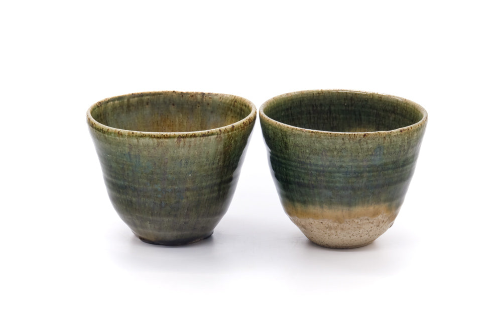 Japanese Teacups - Pair of Large Green Blue Drip-Glazed Yunomi - 300ml
