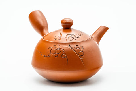 Japanese Kyusu - Floral Engraved Red Shudei Tokoname-yaki Ceramic Filter Teapot - 275ml - three-quarter view, lid on and side handle to the right