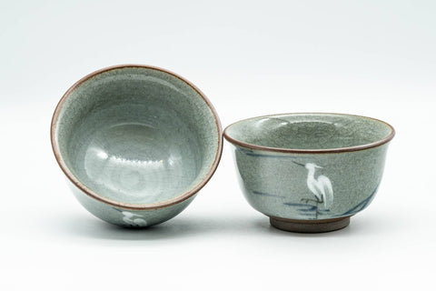 Japanese Teacups - Pair of 杏土窯 Egret Snowflake Celadon Glazed Yunomi - 90ml