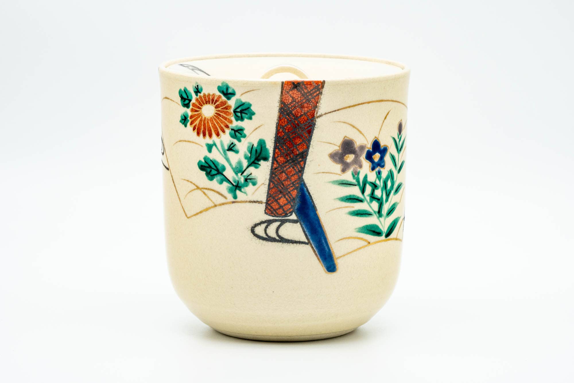 Japanese Mizusashi - Beige Floral Kyo-yaki Tea Ceremony Water Container - 1500ml