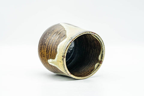 Japanese Teacup - Large Brown Beige Drip-Glazed Yunomi - 240ml - tilted overhead view showing the dark glazed interior