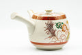 Japanese Kyusu - Red Gold White Chrysanthemums Kutani-yaki Debeso Teapot - 550ml - angled view showing spout and lid