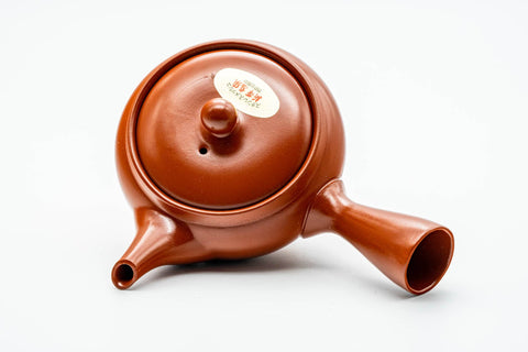 Japanese Kyusu - Red Shudei Tokoname-yaki Obi-ami Mesh Teapot - 325ml - overhead view showing the lid and side handle