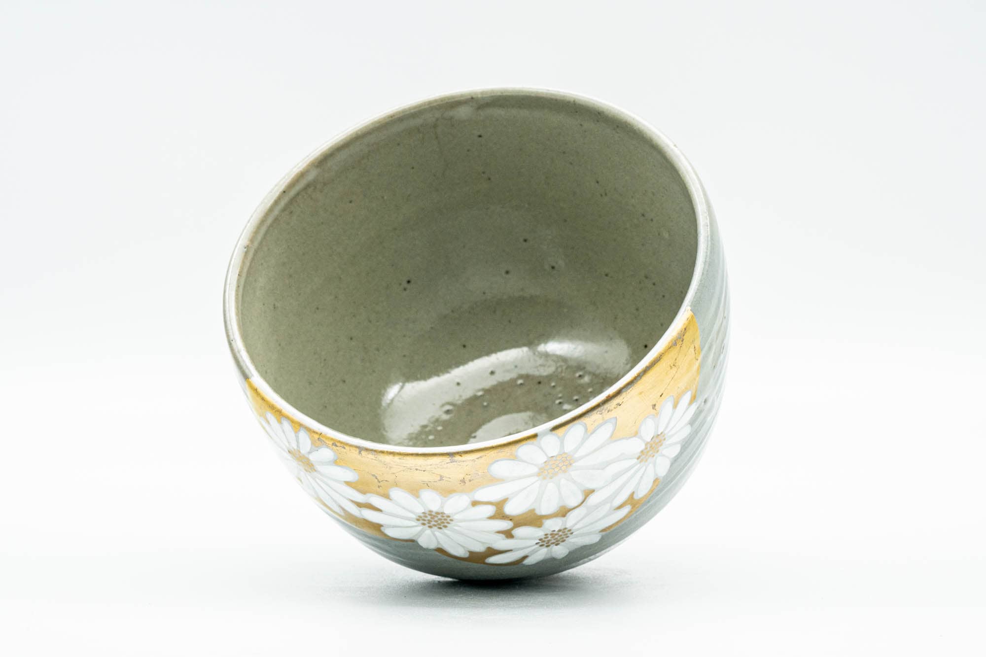 Japanese Matcha Bowl - White Floral Gold Green Glazed Wan-nari Chawan - 350ml