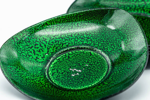 Japanese Chataku - Set of 5 Green Speckled Black Lacquer Triangular Tea Saucers