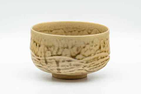 Japanese Matcha Bowl - Beige Green Drip-Glazed Carved Kyo-yaki Chawan - 300ml - Tezumi