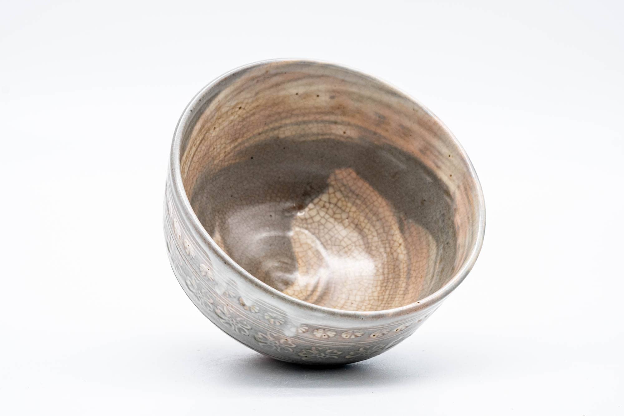 Japanese Matcha Bowl - Floral Grey Pink Mishima Glazed Chawan - 250ml