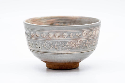 Japanese Matcha Bowl - Floral Grey Pink Mishima Glazed Chawan - 250ml - angled view showing the rim and a glimpse of the patterned interior
