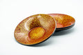 Japanese Chataku - Set of 3 Abstract Kara-nuri Red Lacquered Tea Saucers - the lacquer saucers overlapping, showing the abstract mottled kara-nuri surface