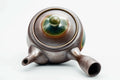 Overhead view of the kyusu, lid on, showing the handle and spout.